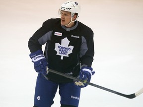 Dion Phaneuf participates in the Mapel Leafs practice at the MasterCard Centre in Toronto on Jan. 29, 2014. (DAVE ABEL/Toronto Sun)
