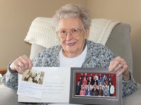 Betty Fisher gathered some old photographs of teachers at Victoria Public School. Everyone, except for one, in the black and white image taught Fisher. The retired educator is pictured in the second photo, when she taught at the school.
