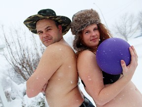 Mark Lucas, creator of the 24-Hour Challenge Facebook page, and Heather Lavigne, an organizer of the 24-Hour Challenge for Matt Risi, are hoping to see hundreds of people at Port Robinson Park on Feb. 17 for a massive game of dodgeball. Participants are asked to play in their underwear or bathing suits. (MARYANNE FIRTH/Tribune Staff)