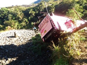 This handout photo taken and released by Police Regional Office-Cordillera (PRO) on February 7, 2014 shows a bus lying next to a tree after falling into a ravine in the village of Paggang, Bontoc town, mountain province, northern Philippines. (AFP PHOTO/PRO-CORDILLERA)