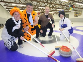 From left, Wilma Flintstone (Catherine Braceland), Fred Flintstone (John Byrne), Barney Rubble (Kevin Clarke) and Betty Rubble (Sue Sandham) represented Oxford OPP during the 10th annual Big Brothers Big Sisters of Ingersoll, Tillsonburg and Area Curl for Kids Sake bonspiel Saturday at the Tillsonburg and District Curling Club.