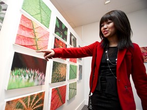 Make-A-Wish recipient Kleianne Eubra, 18, is seen with her photography at Front Gallery in Edmonton, Alta., on Saturday, Feb. 8, 2014. Eubra's wish was to receive camera equipment and training in macro photography. Her photos, taken at the Muttart Conservatory in Edmonton, are being sold to benefit Make-A-Wish Northern Alberta. Ian Kucerak/Edmonton Sun/QMI Agency