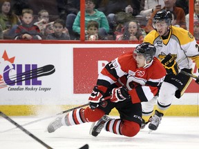 Travis Konecny #17 of the Ottawa 67's falls to the ice after making a pass in front of Zachary Core #23 of the Sarnia Sting during an OHL game at Canadian Tire Centre on February 7, 2014 in Ottawa, Ontario, Canada. (Jana Chytilova/Freestyle Photography/Getty Images/AFP)