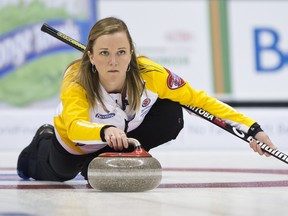 Chelsea Carey, skip for team Manitoba, during the Scotties Tournament of hearts curling event held at the Maurice-Richard arena in Montréal, Québec, Canada, on February 7 2014. (Joel Lemay/QMI Agency)