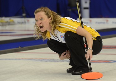 Manitoba skip Chelsea Carey calls on her sweepers during the bronze medal game between Saskatchewan and Manitoba  at the Scotties Tournament of Hearts at the Maurice Richard Arena in Montreal, Quebec, Sunday, February 9, 2014. 
PASCALE LÉVESQUE / QMI AGENCY