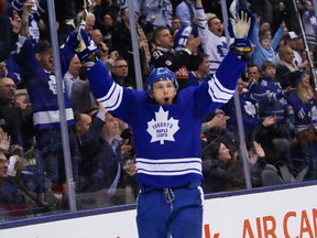 Toronto Maple Leafs forward James van Riemsdyk (21) celebrates after scoring the game winning goal on the Tampa Bay Lightning during the third period at the Air Canada Centre on Jan. 28, 2014. Toronto defeated Tampa Bay 3-2. (JOHN E. SOKOLOWSKI/USA TODAY Sports)
