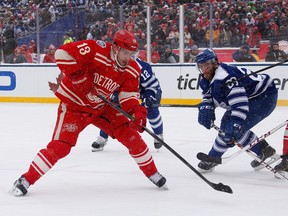 Pavel Datsyuk #13 of the Detroit Red Wings controls the puck against the Toronto Maple Leafs during the 2014 Bridgestone NHL Winter Classic at Michigan Stadium on January 1, 2014 in Ann Arbor, Michigan.   (Gregory Shamus/Getty Images/AFP)