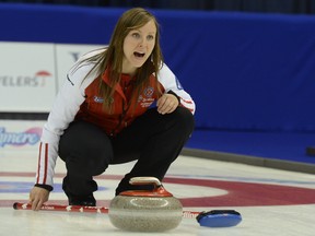 Rachel Homan of Team Canada watches her rock during the gold medal match at the Scotties Tournament of Hearts against Team Alberta at the Maurice Richard Arean in Montreal on Sunday. PASCALE LVESQUE/QMI AGENCY