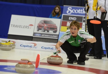 Saskatchewan third Sherry Anderson during the bronze medal game between Manitoba and Saskatchewan at the Scotties Tournament of Hearts curling championship at the Maurice Richard Arena in Montreal, Quebec, on Sunday, Feb. 9, 2014.
PASCALE LÉVESQUE/AGENCE QMI
