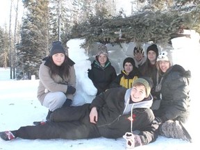 Drayton Valley Rotary Interact members spent 24 hours in the elements to help raise funds for ShelterBoxes to assist people in the Philippines still without the basic necessities after Typhoon Haiyan last year. The group from left to right: Joleen Starrett, Amanda Smith, Justin Mazurek, Michelle Dressler, Emily Alger Alicia Potter and Colton Chamberlain (front, centre).