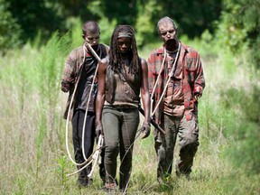 Michonne with her new zombie pets (AMC photo)