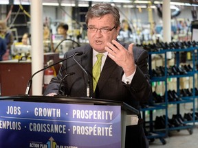 Minister of Finance Jim Flaherty speaks after trying on a new pair of shoes during a pre-budget photo opportunity at Mellow Walk Footwear in Toronto, February 7, 2014.  (REUTERS/Aaron Harris)