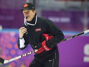 Team Canada's head coach Mike Babcock during hockey practice at the 2014 Olympic Winter Games in Sochi, Russia, Feb. 10, 2014. (AL CHAREST/QMI Agency)