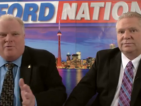Then-mayor Rob Ford and then-councillor Doug Ford in a screengrab from their Ford Nation YouTube show. (YouTube)