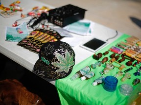 Marijuana paraphernalia is displayed on a table during a rally to hand out information and collect signatures for marijuana legalization outside the Senate building in Mexico City January 22, 2014. Social organizations, backed up by members of left-wing political parties, are proposing to convene a national debate on the legalization of marijuana consumption in a series of public hearings to open the debate on a new paradigm for the war on drugs and the regulation of banned substances and implement programs for the prevention and care of addictions, according to the organisers. REUTERS/Tomas Bravo (MEXICO - Tags: POLITICS DRUGS SOCIETY)
