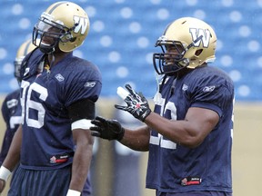 Winnipeg Blue Bombers DT Bryant Turner (right) was fined for a negative tweet referencing Michael Sam, the first openly gay player in U.S. college football. (JASON HALSTEAD/Winnipeg Sun)