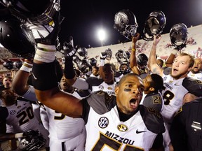 Missouri Tigers defensive lineman Michael Sam (52) reacts after his team defeated Indiana 45-28 in Bloomington, Ind., on Sept. 21, 2013. (Denny Medley/USA TODAY Sports)