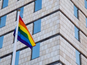 The pride flag flies at London City Hall on February 12, 2014. (MIKE HENSEN, The London Free Press)