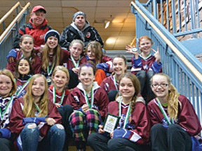 CONTRIBUTED PHOTO
Tillsonburg Nichols Gravel U14 tweens won silver medals in the Kitchener Golden Ring ringette tournament on the weekend. From left are (front) Mariah Barras, Stephanie Parker, Sierra Nutley, Kaitlyn Gee, Katie Becht, Justine Lemaich, (middle row) Tishara Loucks, Emma Dew, (third row) Savannah Baker, Hannah Bosma, Lauren Robbins, Alyssa Parsons, and Hope Horton, and in the back row coaches Bob Becht and Mike Dew. Not in the photo are assistant coaches Meagan Belaen, Kenzie Balcomb, Kendal Bailey and trainer Lisa Adams.