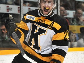 Darcy Greenaway, celebrating a goal against the Barrie Colts last Thursday, says the Frontenacs have to treat the remainder of their regular-season games as if they were playoff games. (Mark Wanzel/QMI Agency)