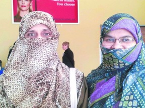 Afia Baig and Maryam Qudsia wear niqabs at the launch of a new study on the issue at Brescia University College on Wednesday. (JENNIFER O'BRIEN, The London Free Press)