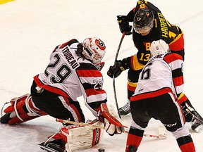 Belleville Bulls forward Stephen Harper is foiled by Ottawa 67's netminder Philippe Trudeau during an OHL game Wednesday night at Yardmen Arena. (JEROME LESSARD/The Intelligencer)