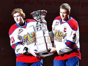 Rhett Rachinski and captain Mark Pysyk bring out the Ed Chynoweth Cup at the start of the game at Rexall Place in Edmonton, Alberta on Thursday, September 20, 2012 PERRY NELSON - EDMONTON SUN / QMI AGENCY