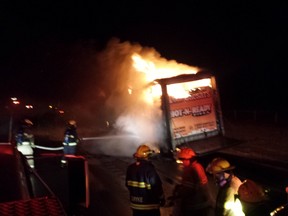 Crews battled the burning trailer for several hours on Highway 22. Photo courtesy deputy fire chief Pat Neumann/Pincher Creek Emergency Services