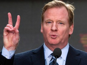 NFL commissioner Roger Goodell speaks at the Super Bowl Hand-Off Ceremony in New York's Times Square as part of the Super Bowl lead up February 1, 2014. (REUTERS/Andrew Kelly)