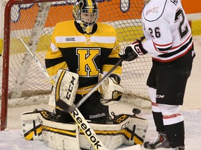 Kingston goaltender Lucas Peressini. (Elliot Ferguson/The Whig-Standard)