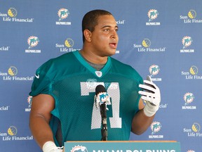Jonathan Martin of the Miami Dolphins talks ot the media after the rookie minicamp on May 4, 2012 at the Miami Dolphins training facility in Davie, Florida. (Joel Auerbach/Getty Images/AFP)