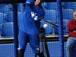 Second baseman Ryan Goins takes some hacks at training camp in Dunedin yesterday. (Eddie Michels/photo)