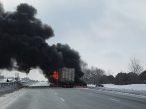 Multiple collisions including a transport fire have caused the closure of the 401 between Woodstock and Putnam Road. Photo submitted by
Lisa Devolder