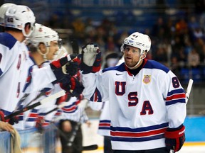 Team USA winger Phil Kessel scored a natural hat trick against Slovenia during their men's preliminary hockey game at the 2014 Sochi Winter Olympics, Feb. 16, 2014. (JIM YOUNG/Reuters)