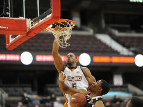 SkyHawks guard Justin Tubbs slams the ball home during Sunday's game against the Mississauga Power at Canadian Tire Centre. DEAN JONCAS PHOTO