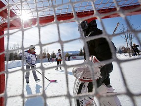 A long-time tradition scores family spirit for a fifth consecutive year in Mike Joyces'  backyard on Yuill Crescent in Rossmore, Prince Edward County Ont. as three-on-three hockey games are played on a backyard rink set up by Joyces' neighbour, Jason Simpson, on Family Day Monday, Feb. 17, 2014.  -  JEROME LESSARD/The Intelligencer/ QMI Agency