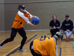 Emma Reinke of St. Thomas readies a shot during a recent game of goalball, a sport designed for the blind and visually impaired. The game combines elements of bowling and soccer. Reinke played recently with the Ontario senior women's team at a tournament in Montreal. (Submitted photo)