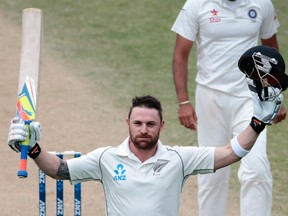 New Zealand’s Brendon McCullum acknowledges his 302 during the second innings of play on Tuesday against India. (Anthony Phelps/Reuters)