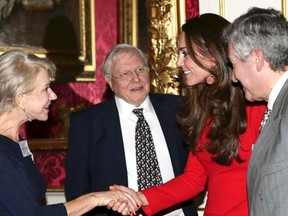 Britain's Catherine, Duchess of Cambridge (2nd R) meets actress Dame Helen Mirren during a reception for the dramatic arts at Buckingham Palace in London February 17, 2014. REUTERS/Yui Mok/Pool