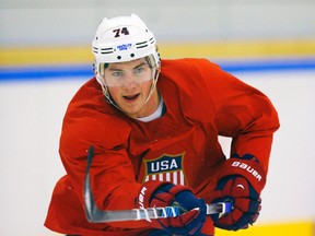 Team USA centre T.J. Oshie during practice at the 2014 Sochi Winter Olympics, Feb. 11, 2014. (BRIAN SNYDER/Reuters)