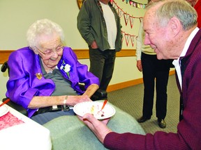 Ray Speaker, a former Little Bow MLA and a former Lethbridge MP of the Lethbridge riding, was one of more than 200 people to attend Helen “Grandma” Sanderson’s 100th birthday celebration at the Champion Community Hall on Saturday, Feb. 15. The centenarian’s actual birthday was Feb. 10, and the community celebrated over the weekend. Simon Ducatel Vulcan Advocate