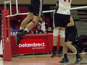 Fanshawe's Jake Roorda takes flight following a set from Devin Atkinson during OCAA play this season. The Falcons earned a first round bye with a second place finish in the West Division.
Contributed Photo