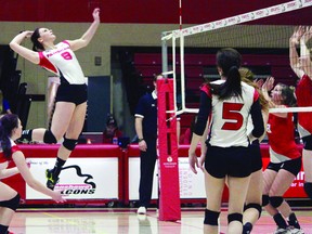 Fanshaw's  Kaitlyn Kelly goes up for a spike while teammate Darien Gropp looks on during OCAA play this season. The Falcons earned a bye to the provincial Final Four with a second place record.
Contributed Photo