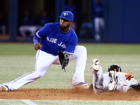Blue Jays shortstop Jose Reyes, their leadoff man and all-round spark, plug, went out early in the season with a broken ankle. (Dave Abel/Toronto Sun)