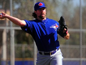 Blue Jays starter R. A. Dickey throws in Dunedin on Tuesday. (David Manning/USA TODAY Sports)