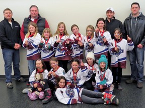 CONTRIBUTED PHOTO
Tillsonburg Bill's Pizza U10 Twisters won gold medals at the Ignite the Ice Ringette Tournament in Newmarket. From left are (front) Mackenzie Anderson, Ella Cattrysse, Ally Verhoeve (laying down), Myra Craig, Katelyn Behman, Maclean Kyle, (second row) Taylor Lisabeth, Macy Barras, Camryn MacIntyre, Grace Baird, Peyton Corriveau, Reegen Lindie, Hailey Breddy, (back row) coaches Chris Cattrysse, Shawn Lisabeth, Dan Behman, and Rick Kyle.