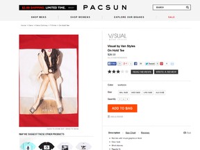 PacSun is selling 'Visual T-Shirts', which feature photographs of scantily dressed female models in racy poses shot by L.A. photographer Van Styles. (Screengrab from PacSun's website)