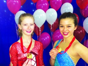 Devon Borody, left, and Kailee Fraser, right, each won gold in their respective Pre-Novice Short program flights with Fraser going on to win the Pre-Novice title at the Manitoba Open In Beausejour.