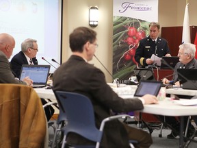 South Frontenac fire chief Rick Chesebrough presents a report on the state of the Frontenac County's fire department communications system Wednesday morning.
Elliot Ferguson The Whig-Standard