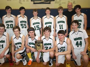 Jeff Tribe/Tillsonburg News
The Tillsonburg Gemini junior boys basketball team captured the Thames Valley Regional Athletics South East Championship with a 58-38 win over Aylmer East Elgin Wednesday afternoon at Ingersoll DCI. Team members include: (front row, left to right) Wes Hopper, Jack Demaree, Caleb Vermeeren, Josh Verschueren, Steven Gilvesy and Kieran Rangel. In the back row, are: coach Mark Hopper, Ben Demaree, Gray Sinden, Colin Lasook, Brock Hussey, Trent Sinden, coach Mike Demaree and Henry Vandenbroeck.